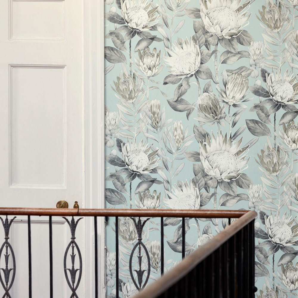 King Protea Wallpaper 216645 by Sanderson in Aqua Linen Beige